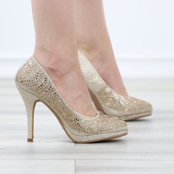 Sparkly Gold Rhinestone Glitter Diamond Platform Slip On Close Toe High Heel - Picture 7 of 15